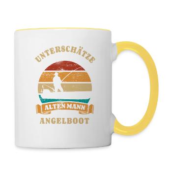 Unterschätze nie einen alten Mann mit Angelboot - Tasse zweifarbig - Weiß/Gelb - Rechts