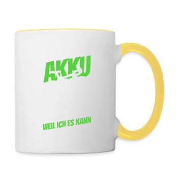 Warum ich ohne Akku fahre? - weil ich es kann - Tasse zweifarbig - Weiß/Gelb - Rechts