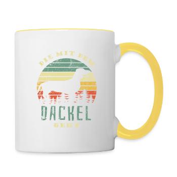 Die mit dem Dackel geht - Gassi gehen - Tasse zweifarbig - Weiß/Gelb - Rechts