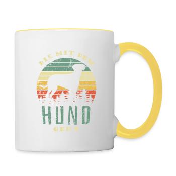 Die mit dem Hund geht - Gassi gehen - Tasse zweifarbig - Weiß/Gelb - Rechts