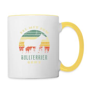 Die mit dem Bullterrier geht - Gassi gehen - Tasse zweifarbig - Weiß/Gelb - Rechts