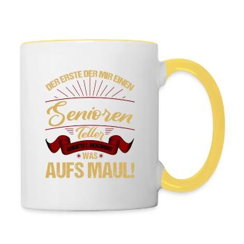 Seniorenteller T-Shirt für lustige Rentner - Tasse zweifarbig - Weiß/Gelb - Rechts