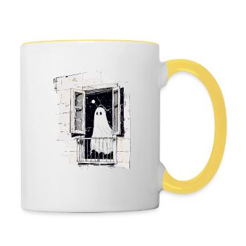 Spooky Ghost in the Window vintage, Buh, Halloween - Tasse zweifarbig - Weiß/Gelb - Rechts