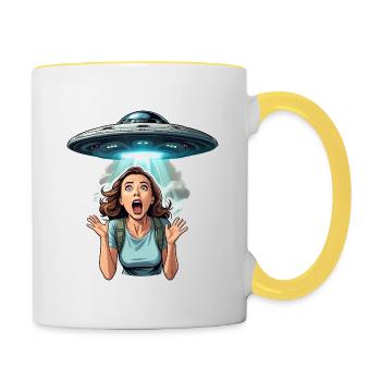 Woman is scared of alien abduction - Contrasting Mug - white/yellow - Right
