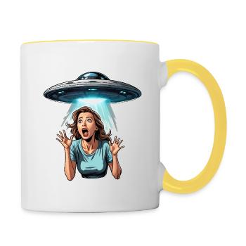 Alien UFO Abduction: Woman in panic - Contrasting Mug - white/yellow - Right