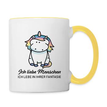 Einhorn liebt Menschen - Tasse zweifarbig - Weiß/Gelb - Rechts
