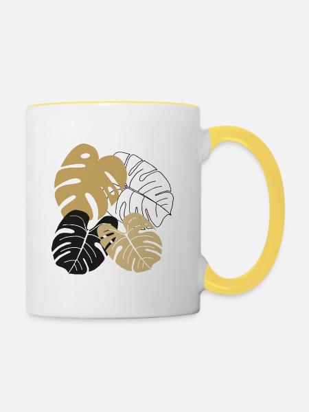 Monstera Blätter Line Art - Tasse zweifarbig - Weiß/Gelb