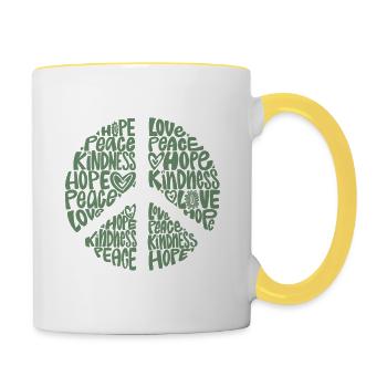 Sign of Peace – Love, Hope, Kindness - Contrasting Mug - white/yellow - Right