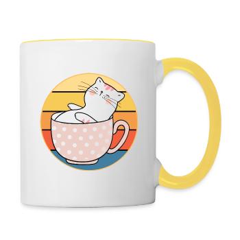 Lustiges süßes Kawaii Katzengesicht Retro Sonnenuntergang - Tasse zweifarbig - Weiß/Gelb - Rechts