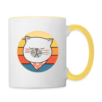 Drôle mignon Kawaii chat visage rétro coucher de soleil - Mug contrasté - blanc/jaune - Droite