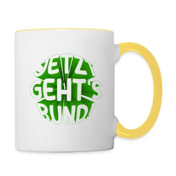 Jetzt gehts rund 3D - Tasse zweifarbig - Weiß/Gelb - Rechts