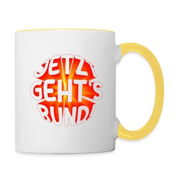 Jetzt gehts rund 3D - Tasse zweifarbig - Weiß/Gelb - Rechts