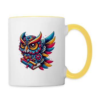 HIBOU TOTEM SAGESSE CONNAISSANCE OISEAU NUIT FORÊT NATURE - Mug contrasté - blanc/jaune - Droite
