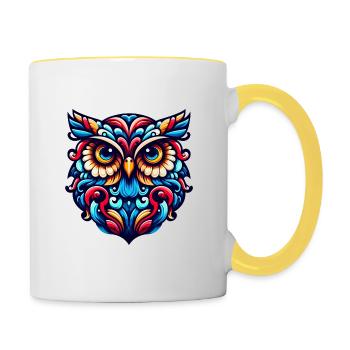 OWL EAGLE OWL BIRD OF PREY TAWNY OWL FEATHER RAINBOW COLORFUL - Contrasting Mug - white/yellow - Right