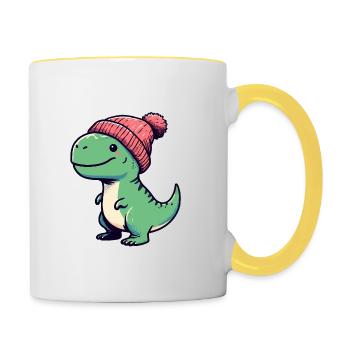 Green T-Rex Dino Dinosaur with Beanie Hat - Contrasting Mug - white/yellow - Right