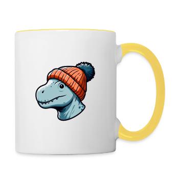 Baby T Rex Dino Dinosaurier Beanie Mütze Kopf - Tasse zweifarbig - Weiß/Gelb - Rechts