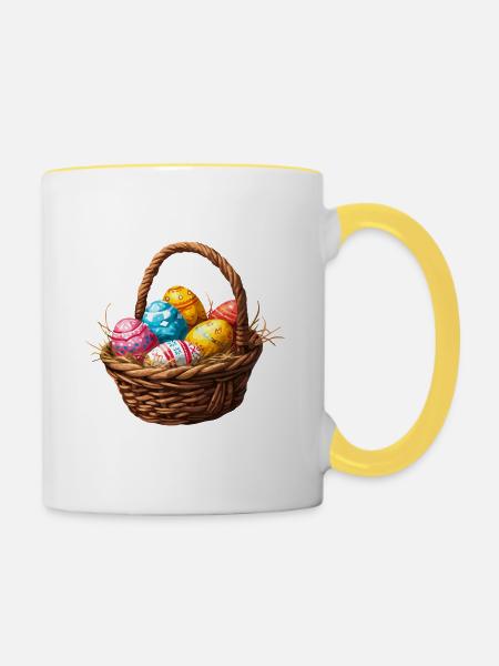 Osterkörbchen mit bunt bemalten Eiern - Tasse zweifarbig - Weiß/Gelb