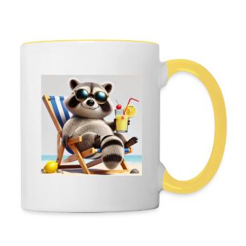Entspannender Waschbär im Urlaub - Tasse zweifarbig - Weiß/Gelb - Rechts