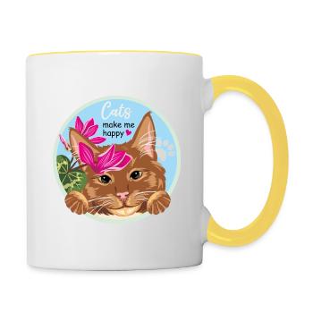 Peeking ginger cat with flowers Cats make me happy - Contrasting Mug - white/yellow - Right
