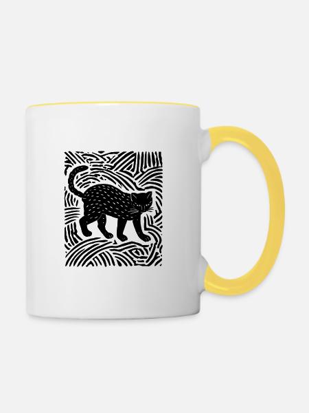 Psychedelische Schwarze Katze - Tasse zweifarbig - Weiß/Gelb