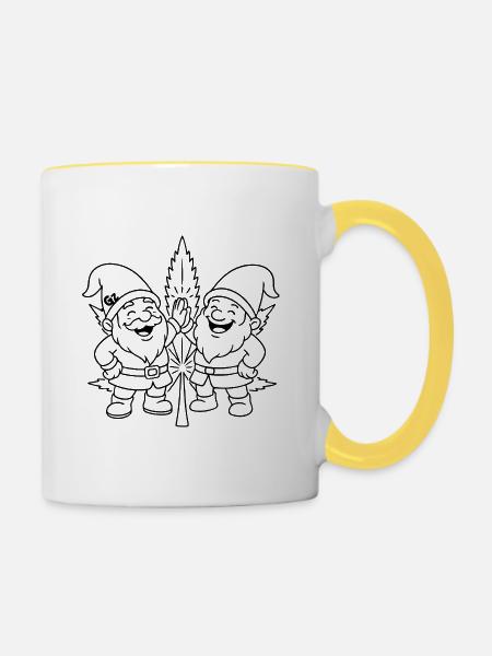 Zwergenfreunde mit Cannabisblatt - Tasse zweifarbig - Weiß/Gelb