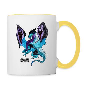Drachen-Shirt, Dragon, handgezeichnet, ROUGHDESIGN - Tasse zweifarbig - Weiß/Gelb - Rechts