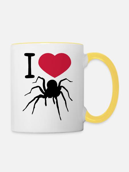 herz liebe i love spinne vogelspinne design clipar - Tasse zweifarbig - Weiß/Gelb