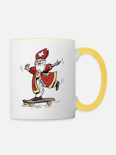 Heilige auf Skateboard Färbung - Tasse zweifarbig - Weiß/Gelb