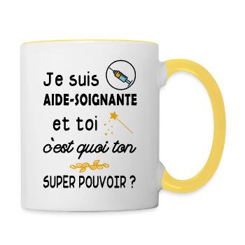je suis aide soignante / humour - Mug contrasté - blanc/jaune - Droite