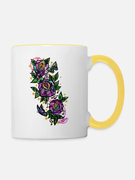 Rose/Noten/Schmetterlinge - Tasse zweifarbig - Weiß/Gelb