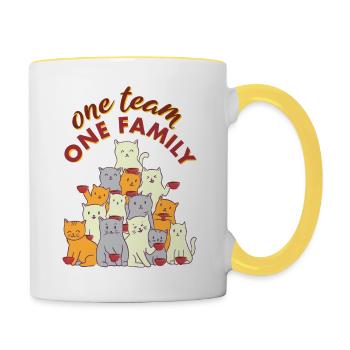 team family cat coffee work colleagues party - Contrasting Mug - white/yellow - Right