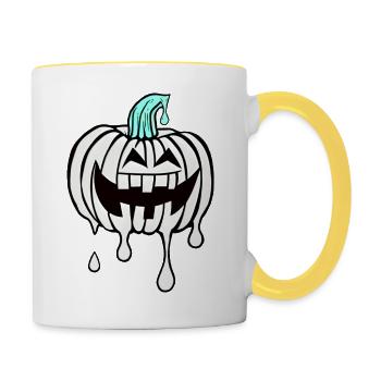 Halloweenkürbis , tropfend, Cartoon, lachend ,weiß - Tasse zweifarbig - Weiß/Gelb - Rechts