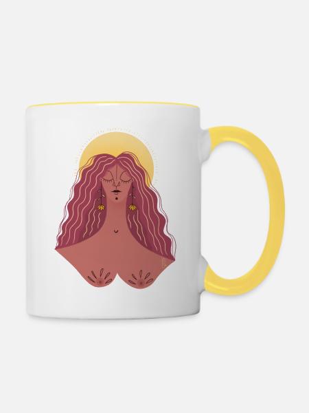 Zufriedene Frau - Tasse zweifarbig - Weiß/Gelb