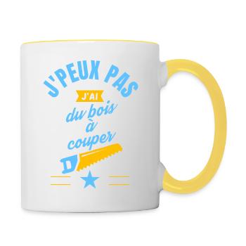 J peux pas j ai du bois à couper bleu jaune - Mug contrasté - blanc/jaune - Droite