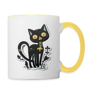Süße abstrakte schwarze Katze - Tasse zweifarbig - Weiß/Gelb - Rechts