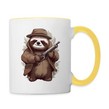 Funny sloth with gun - Contrasting Mug - white/yellow - Right
