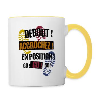 Stehend, hängend, in Position, los, los, los, - Tasse zweifarbig - Weiß/Gelb - Rechts