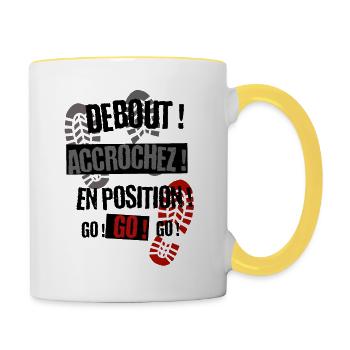 Stehen, hängen, in Position, los, los, los. GRS - Tasse zweifarbig - Weiß/Gelb - Rechts