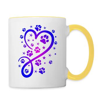 Herz mit Pfötchen und Sternen - Tasse zweifarbig - Weiß/Gelb - Rechts