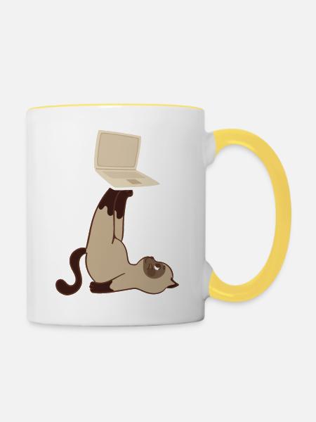 Katze mit Laptop - Tasse zweifarbig - Weiß/Gelb