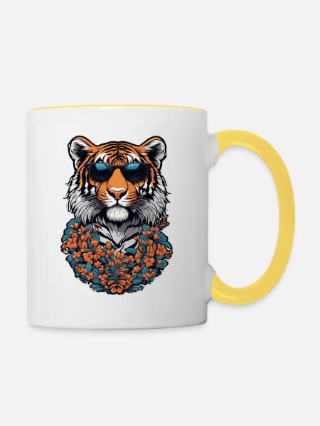 Tiger mit Sonnenbrille - Tasse zweifarbig - Weiß/Gelb