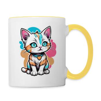 Kawaii Aquarell Katze - Tasse zweifarbig - Weiß/Gelb - Rechts