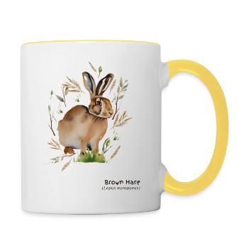 Brown Hare with name in dark text - Contrasting Mug - white/yellow - Right