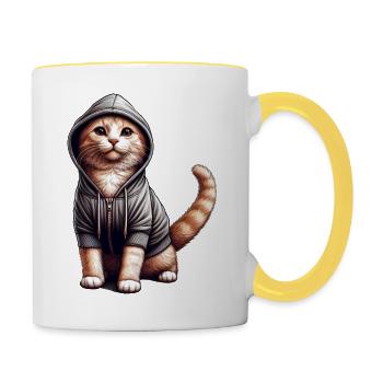 Chat portant un sweat à capuche - Mug contrasté - blanc/jaune - Droite