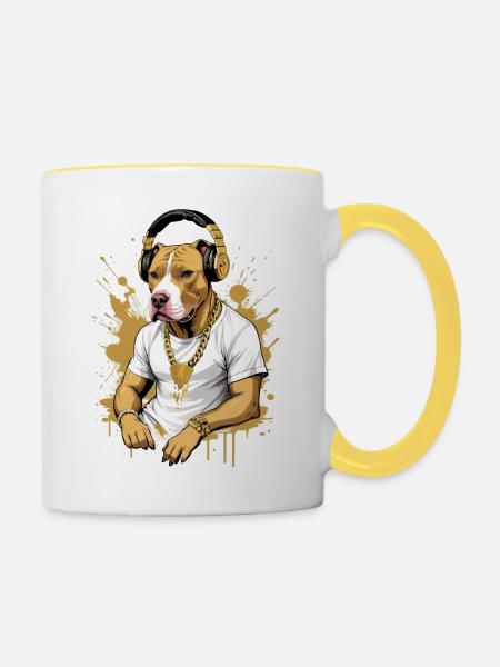 Hund Bulldogge mit Kopfhörer - Tasse zweifarbig - Weiß/Gelb