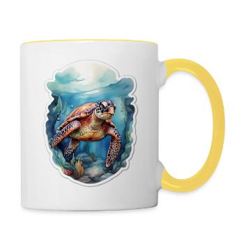 Sea's turtle under water - Contrasting Mug - white/yellow - Right