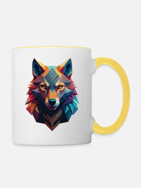 Low-Poly-Avatar eines Wolfes - Tasse zweifarbig - Weiß/Gelb