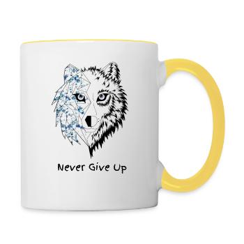 Loup origami never give up bleu - Mug contrasté - blanc/jaune - Droite