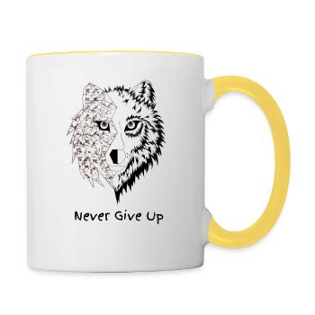 Loup origami never give up marron - Mug contrasté - blanc/jaune - Droite
