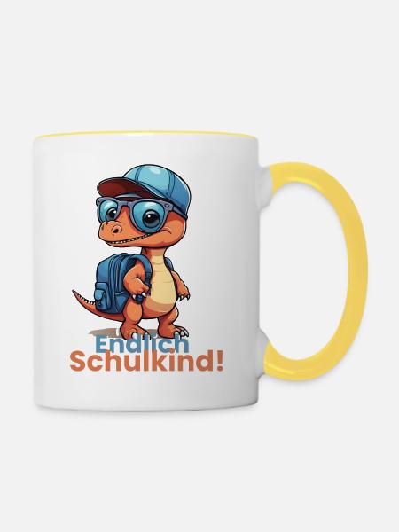 Endlich Schulkind Schulstart Schulanfang Spruch - Tasse zweifarbig - Weiß/Gelb